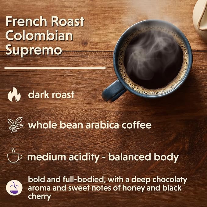 Coffee Bean Direct French Roast Colombian Supremo, Whole Bean Coffee, Arabica Coffee, Dark Roast, 1 Pound Bag (Pack of 1)