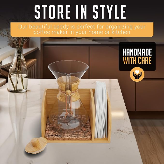 HEXNUB Pour Over Caddy with Lid for Chemex Bodum Cosori Coffee Makers Cork | Handmade Bamboo Stand, Lid, Filter Holder, Heatproof Mat for a Cleaner Coffee Station