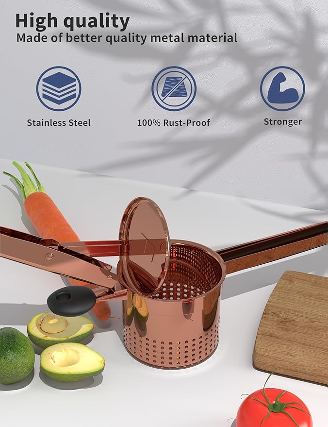 GloTika Large 15oz Potato Ricer, Heavy Duty Stainless Steel Ricer for Mashed Potatoes, Sweet Potato Masher Kitchen Tool with Ergonomic Handle, Press and Mash Kitchen Gadget, Rose Gold