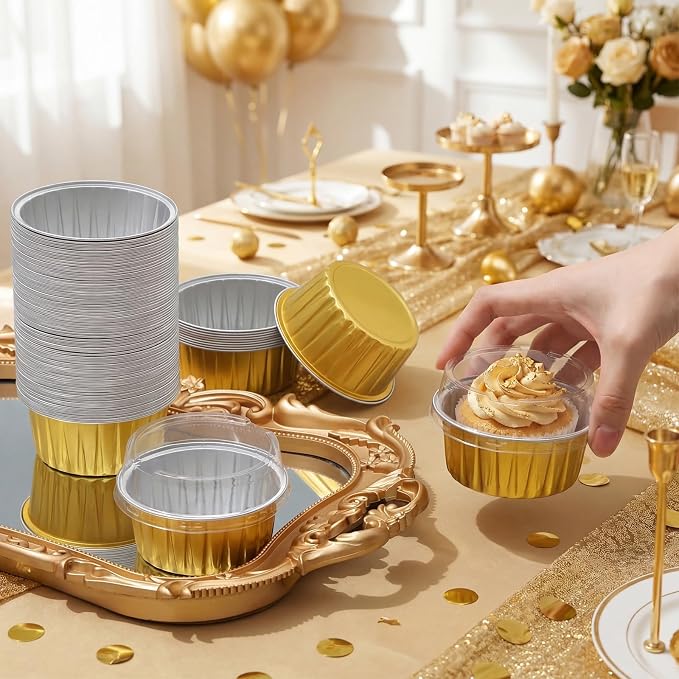 Gejoy 600 Pcs Aluminum Foil Baking Cups with Lids 5 oz Disposable Ramekins Mini Cake Pans Creme Brulee Cupcake Liners Muffin Dessert Container for Wedding Birthday Party (Classic,Gold Color)