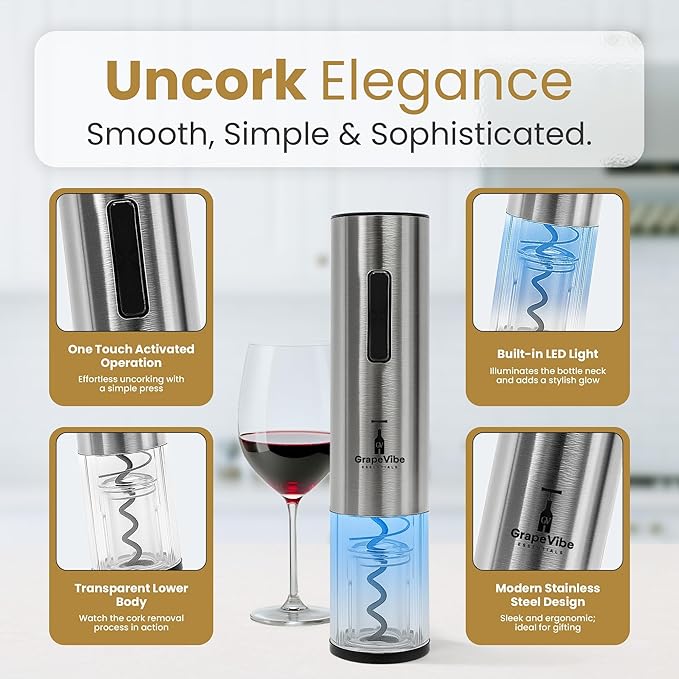 GrapeVibeEssentials 5-in-1 Electric Wine Opener Gift Set– Rechargeable Automatic Wine Bottle Opener with Charging Base, Foil Cutter, Aerator Pourer & Vacuum Stoppers