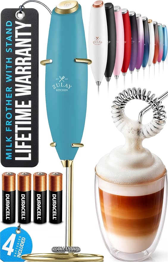 Zulay Kitchen Powerful Milk Frother Wand With 4 AA Duracell Batteries - Ultra Fast Handheld Drink Mixer - Electric Whisk Foam Maker for Coffee, Lattes, Cappuccino, Matcha & Creamer - Lake Gold