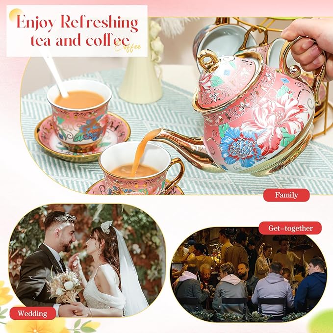20 Pcs Porcelain Tea Set for Adults with Metal Holder and Spoon European Ceramic Tea Party Set Flower Painting Teapot Cup Saucer for Women Gift, Serving 6 People(Fresh)