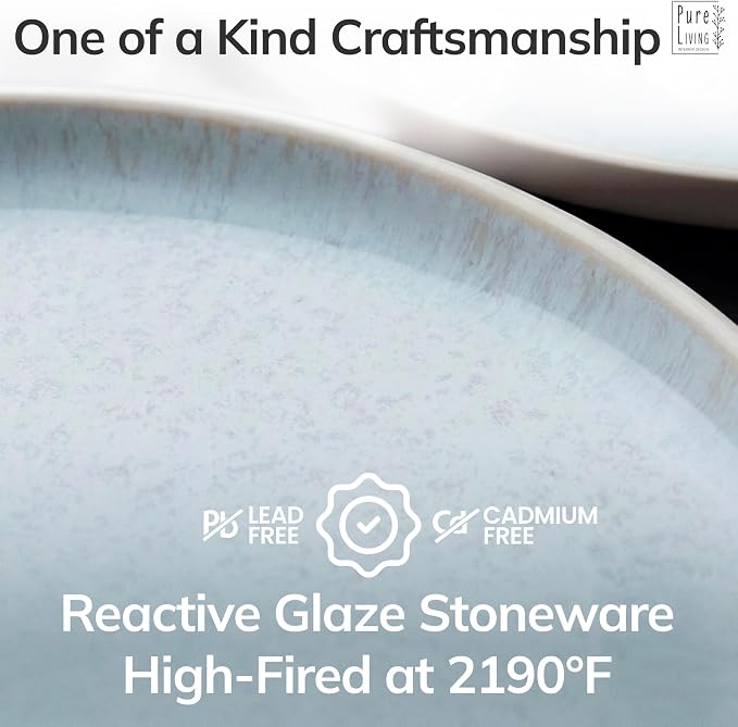 12 Piece Stoneware Dinnerware Set for 4 - Handmade Reactive Glaze Plates and Bowls Set - Chip & Scratch Resistant Dish Set - Dishwasher Microwave Safe - Light Beige & Blue
