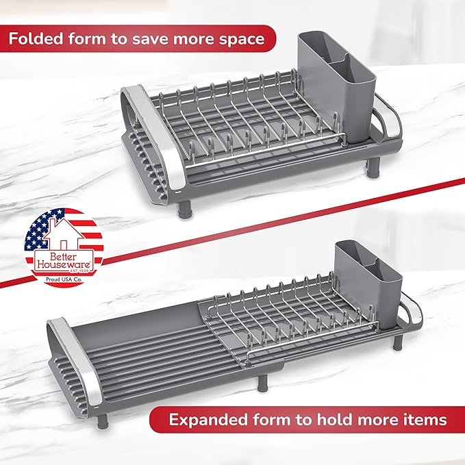 Better Houseware in Sink Dish Drying Rack, Dish Drying Rack in Sink with Non-Slip Handles, Stainless Steel Space-Saving Design, Dish Rack Holds 8 Plates, 12.25 x 18 x 10.75 Inch, Gray