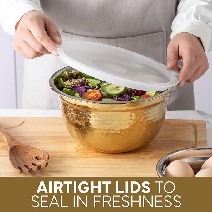 COOK WITH COLOR 18 Piece Mixing Bowls Set with Airtight Lids, Handcrafted Stainless Steel Bowls, Food Storage Containers, Meal Prep, Nesting Salad Bowls For Cooking, Baking, Kitchen, Gold- Hammered