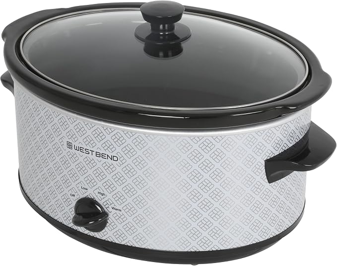 West Bend Slow Cooker 6-Quart Manual Crockery Style with Dishwasher Safe Oval Ceramic Crockpot and Glass Lid Two Temperature Settings Plus Keep Warm, 330-Watts, Silver