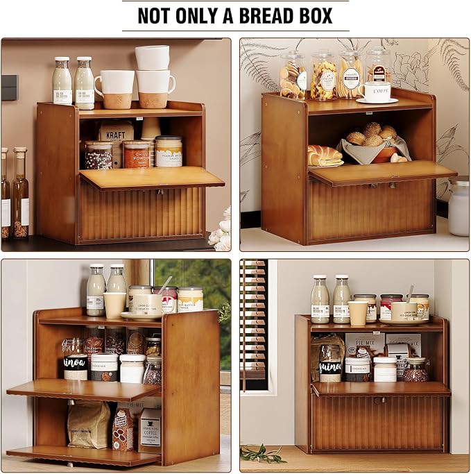 Trironsun Rustic Bread Box for Kitchen Countertop Bamboo Bread Storage Container Bin Double Layer BreadBox Farmhouse Large Capacity Food Organizer (Brown)