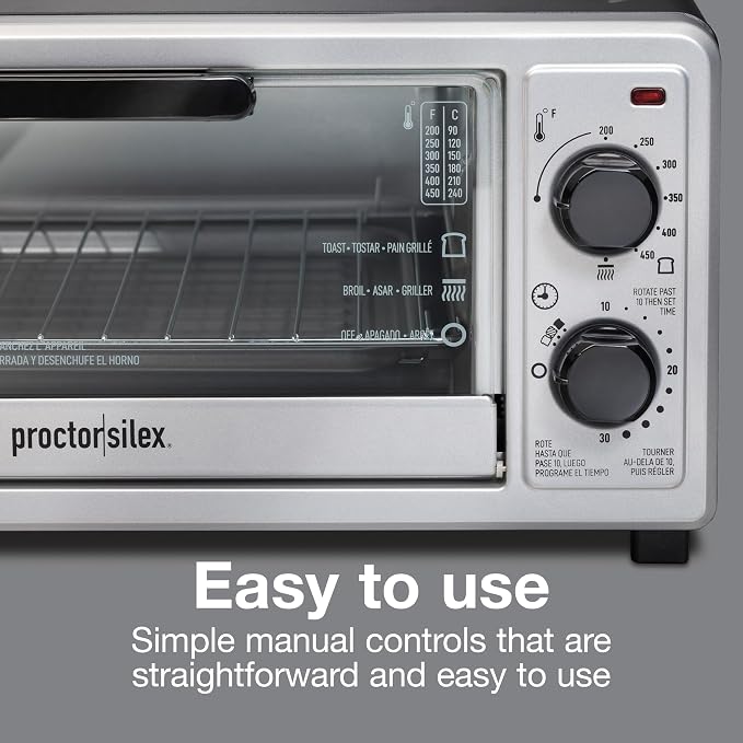 Proctor Silex 4 Slice Countertop Toaster Oven | Bake, Broil, Toast | 200-450⁰F Adjustable Temp | 30 Minute Timer | Automatic Shutoff | Black and Silver | 31260G