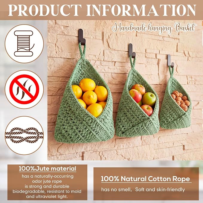 Honeydak Boho Decor Hanging Wall Baskets for Kitchen 3 Pack Teardrop Baskets with Hooks Storage Fruit Onion Vegetable Potato for Home 3 Sizes(Sage Green,Triangle,Cotton Rope)
