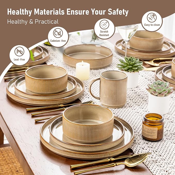 GBHOME 18-Piece Stoneware Dinnerware Set for 6 – Ribbed Ceramic Plates and Bowls, Scratch-Resistant, Microwave & Dishwasher Safe, Reactive Glaze, Barley Latte