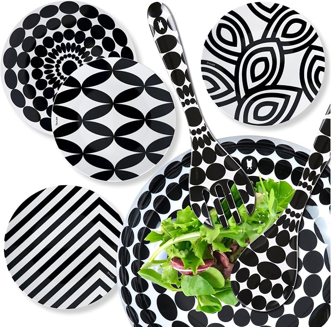 French Bull Assorted Plates - 4 Piece Set - 9 inch Melamine Salad Plates Set of 4 - Melamine Dinnerware for Indoor and Outdoor - Assorted Black and White