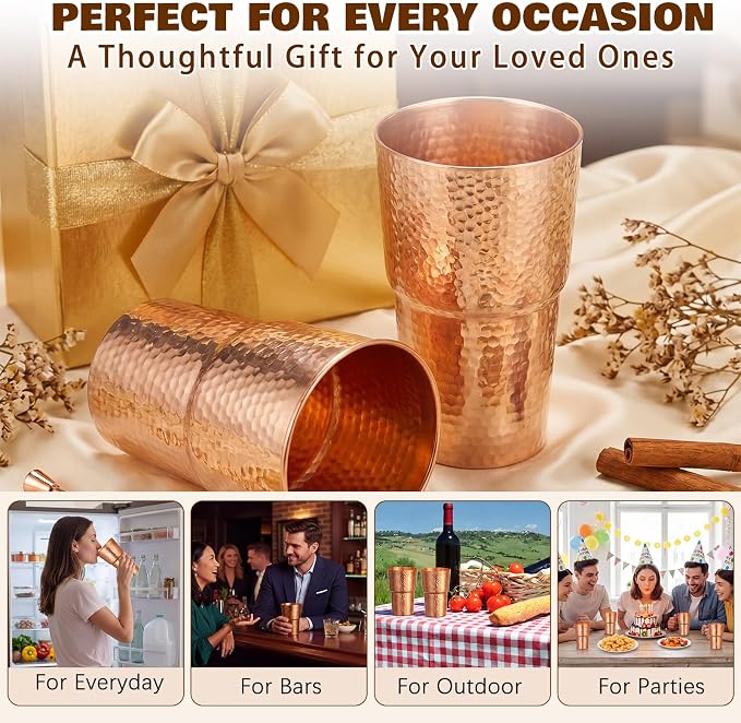 Willinglong 1 Pcs 100% Pure Copper Tumblers 24 oz Handcrafted Hammered Copper Cups, Ayurvedic Drinking Vessel for Family Health Water, Cocktails, Iced Tea Glasses (Novel)