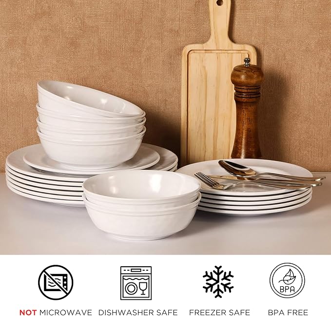 TP 12-Piece Melamine Dinnerware Sets, Plates and Bowls Dishes Set for 4, Break-Resistant & Non-Microwavable, Lightweight Dinner Plates, White