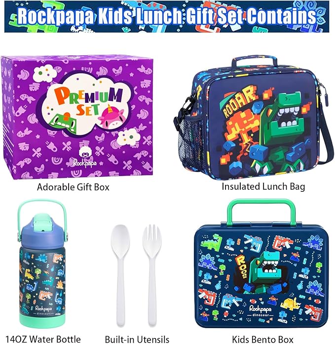rockpapa Kids Lunch Box Set with 14oz Insulated Water Bottle & Lunch Bag, Leakproof 5.5 Cups Bento Box for School & Children, BPA-Free, Microwave Safe for Boys Girls (Blue Dinosaur)