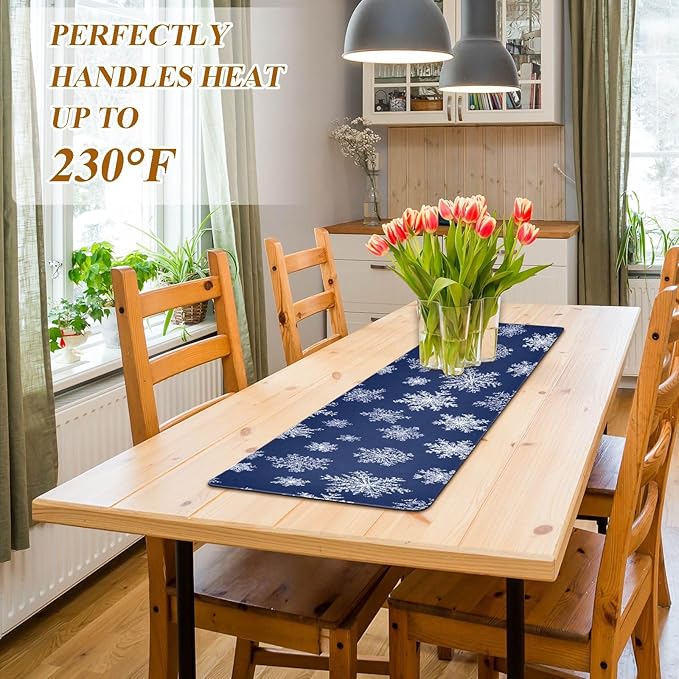 2 in 1 Table Runner Trivet for Hot Pots and Pans Heat Resistant Non Slip Waterproof 39 x 12 Inch Decorative Table Protector for Kitchen Countertop Navy Blue Snowflakes