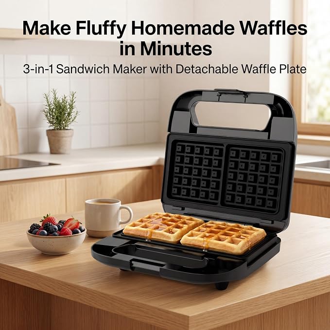 KEINVE 3-in-1 Sandwich Maker, Waffle Maker and Panini Press Grill, 800W Electric Breakfast Machine with 3 Detachable Non-Stick Plates, LED Indicator Lights, Cool Touch Handle with Latch, Black