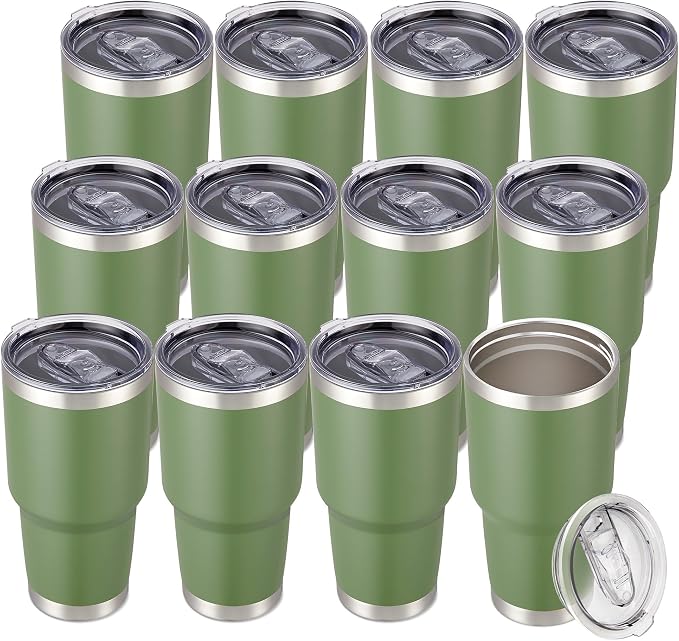 30 oz Tumbler with Lid Stainless Steel Tumblers Bulk Vacuum Insulated Cup Reusable Powder Coated Travel Mug Double Wall Leak Proof Cups Keep Cold Drinks for 12 Hours Army Green, Set of 12