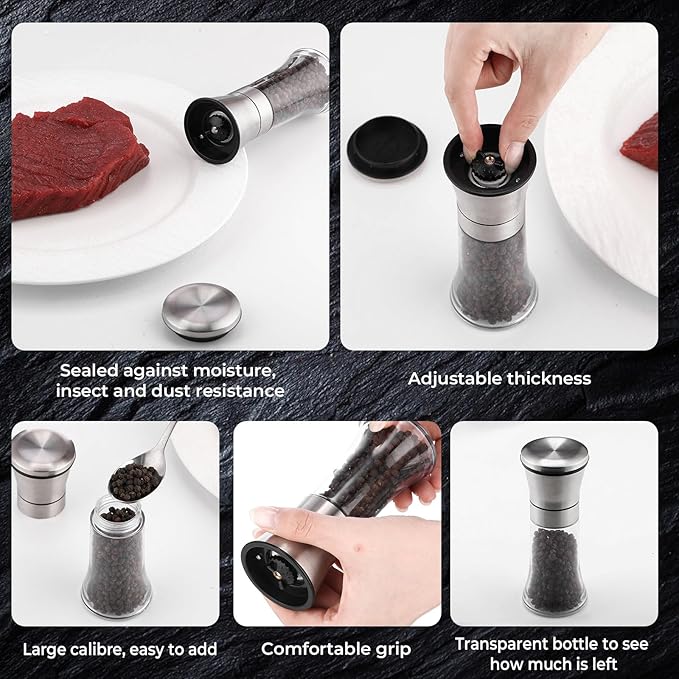 Nuenen 12 Pcs Salt and Pepper Grinder Set 3.5 oz Stainless Steel Manual Mills for Whole Peppercorns Rock Salt Plastics Professional Grinder, Adjustable Coarseness,lightweight and Not Fragile