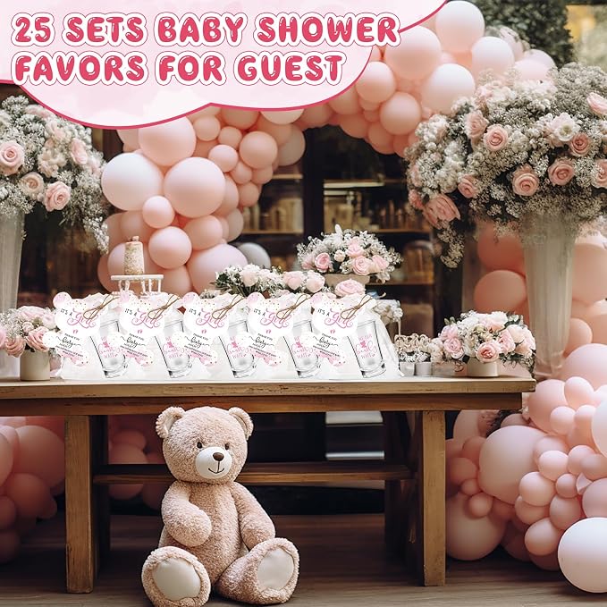 Pickmesh 25 Sets Baby Shower Favor for Guests Include Bear Girl Acrylic Clear Shot Glasses Thank You Cards Organza Bags Babies Shower Gifts for Gender Reveal Party Supplies