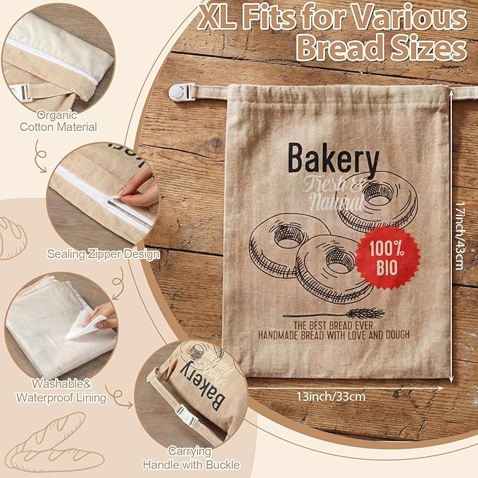 Tigeen 8 Pack Beeswax Bread Bags for Sourdough & Homemade Bread 17 x 13'' XL Reusable Organic Linen Beeswax Wraps with Sealing Zip for Fresh Food Storage Loaf Fresh Freezer Baker Gift, Bakery Style