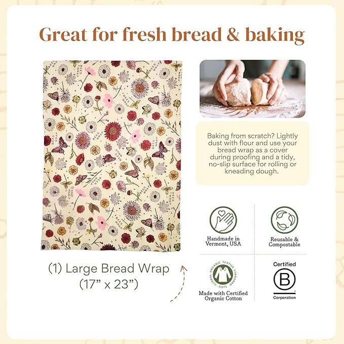 Bee's Wrap Beeswax Wraps for Bread - Beeswax Bread Wrap for Sourdough & Bread Storage - Plastic Free Made in USA Reusable Natural Food Wrap - Meadow Magic