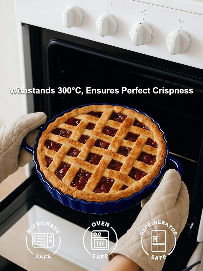 10×2in Deep Ceramic Pie Pan with Handles for Pie Quiche Tart Baking. Easy to grip, Lead-Free. Casserole Lasagna Dish for Thanksgiving Christmas Gift. Oven Microwave Dishwasher Safe. Blue