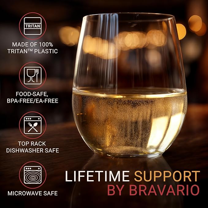 Bravario Unbreakable Stemless Plastic Wine Glasses | Reusable | Shatterproof 100% Tritan Plastic | Dishwasher-Safe | BPA-free | Awesome for Indoor & Outdoor | 16 oz, Set of 12