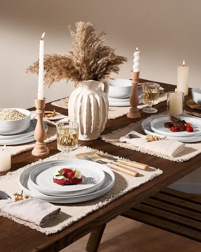 18-Piece Reactive Glaze Stoneware Dinnerware Sets for 6 - Coupe Plates & Bowls with Speckles & Spirals - Chip & Scratch Resistant Dishes, Microwave & Dishwasher Safe - Gift Box, White