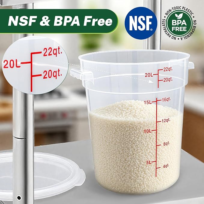 4 Pack 22 Qt Round Food Storage Containers with Lids, Translucent | Translucent containers with lids, easy-read scale, labels and measuring cups; stackable for prep, storage and freezer use.