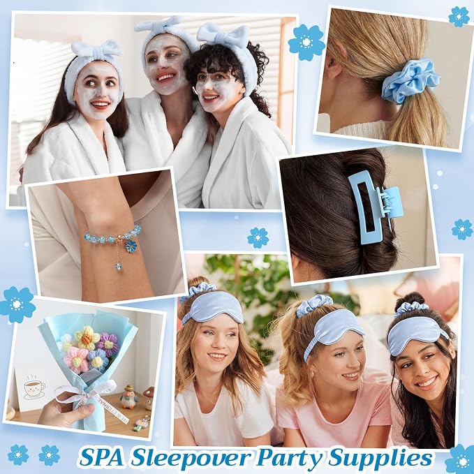 Vesici 73 Pcs Spa Sleepover Party Supplies Bulk Women 8 Sets Slumber Birthday Bridesmaid Gift Crochet Flower Glass Cup Eye Mask Hair Ties Gift Bag Bracelets Scrunchies Headband(Cherry Blossoms,Blue)