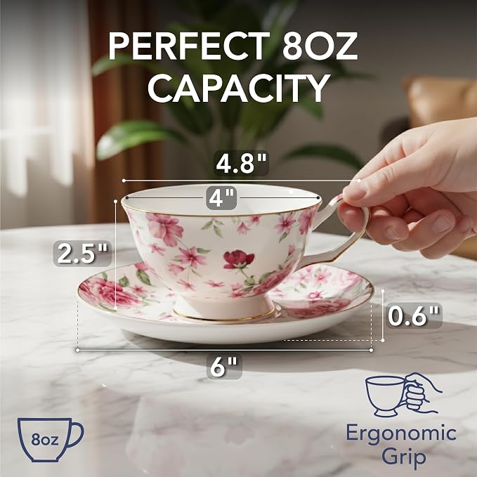 BTaT- Floral Tea Cups and Saucers, 8 oz, Set of 6 | Fine Porcelain Teacup Set with Gold Trim for Afternoon Tea Weddings Parties Gifting Dishwasher Safe Lightweight Non Toxic