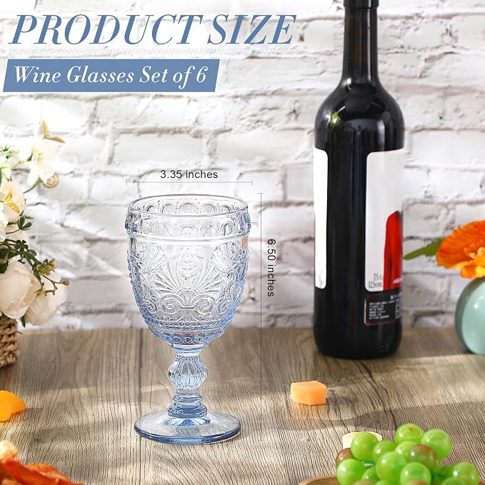 6 Pcs Goblet Glasses 10 oz Wine Glasses, Drinking Glasses Colored Retro Embossed Water Goblets For Wine Juice Baby Shower Wedding Reception Grand Event Party, Dishwasher Safe (Blue)