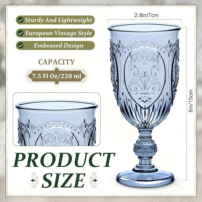 Wiwiqing 48 Pcs Plastic Goblets 7.5oz Vintage Goblet Plastic Wine Glasses Colored Retro Embossed Water Goblets for Wine Bar Juice Baby Shower Wedding Reception Grand Event Party (Blue)