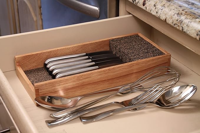 KNIFEdock Bamboo Knife Organizer for Kitchen Drawers – 15” In-Drawer Knife Block with Cork Composite – Space-Saving, Safe Storage for Your Knives