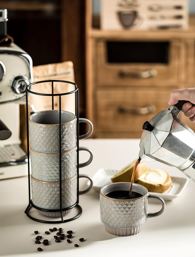 Gomakren Coffee Mugs Set of 4, 13 Ounce Stackable Coffee Mugs with Stand, Father's Day Ceramic Coffee Cups with Spoon for Coffee, Espresso, Cappuccino, Latte, Cocoa, Tea and Milk, Light Gray