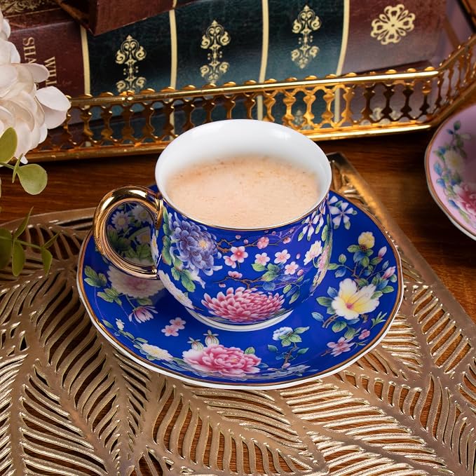 KAMMAK Tea Cups and Saucers Set of 2, Porcelain Coffee Cups, 8oz Stackable Espresso Mugs, Ceramic Demitasse for Coffee, Latte, Americano, Tea (939N+943N)