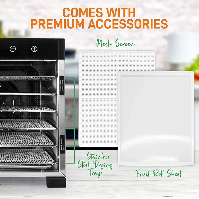 NutriChef Electric Countertop Food Dehydrator Machine - 600-Watt Premium Multi-Tier Meat Beef Jerky Maker Fruit/Vegetable Dryer w/ 6 Stainless Steel Trays, Digital Timer,Temperature Control NCDH6S , BLACK