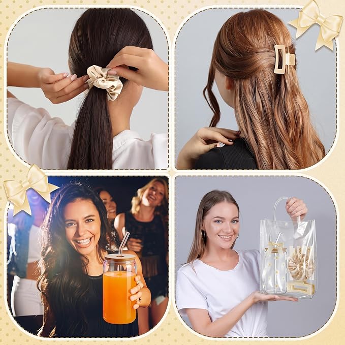 Suncalla 36 Pcs 6 Set Beige Birthday Gifts for Women, Sleepover Spa Party Girls Trip Bachelorette Party Favors for 6 People, Daisy Glass Cup Bracelets Hair Bands Hair Clip Tote Bags Bows