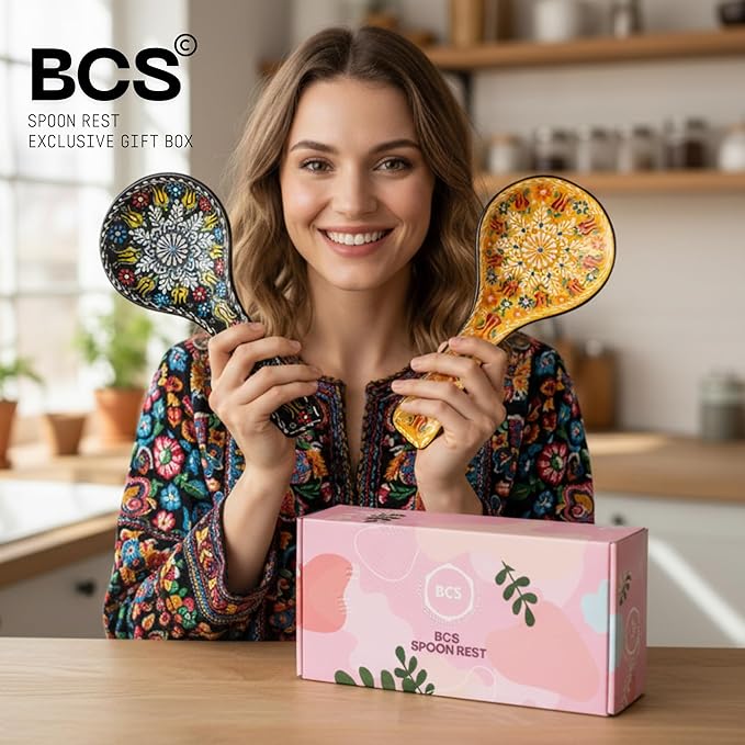 BCS Spoon Rest Set of 2 - Ceramic Spoon Holder for Stovetop & Kitchen Counter - Dishwasher Safe Handmade Kitchen Utensil (Black-Yellow 4.5” W x 9" L)