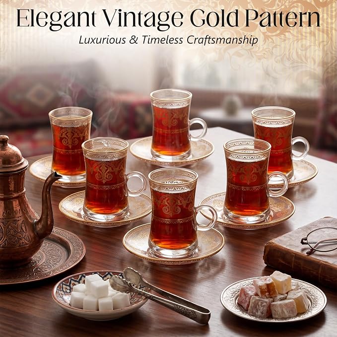 6-Piece Turkish Tea Glasses Cups Saucers Set 4 oz Vintage Gold Pattern Arabic Style Coffee Cups Set Moroccan Persian Coffee Glass Gold Drinkware for Turkish Tea, Espresso Drinking Party
