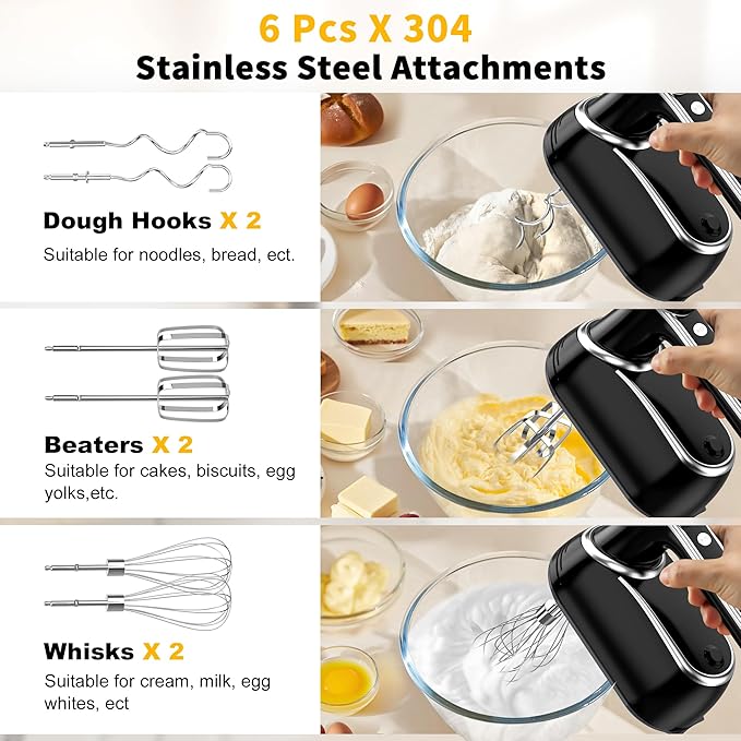 binROC Cordless Electric Hand Mixer, 12-Speed Rechargeable Handheld Mixer with Eject Button, 6 Stainless Steel Attachments, Snap-On Storage Case, LED, Self-Stand for Baking, Cake, Dough, Egg (Black)