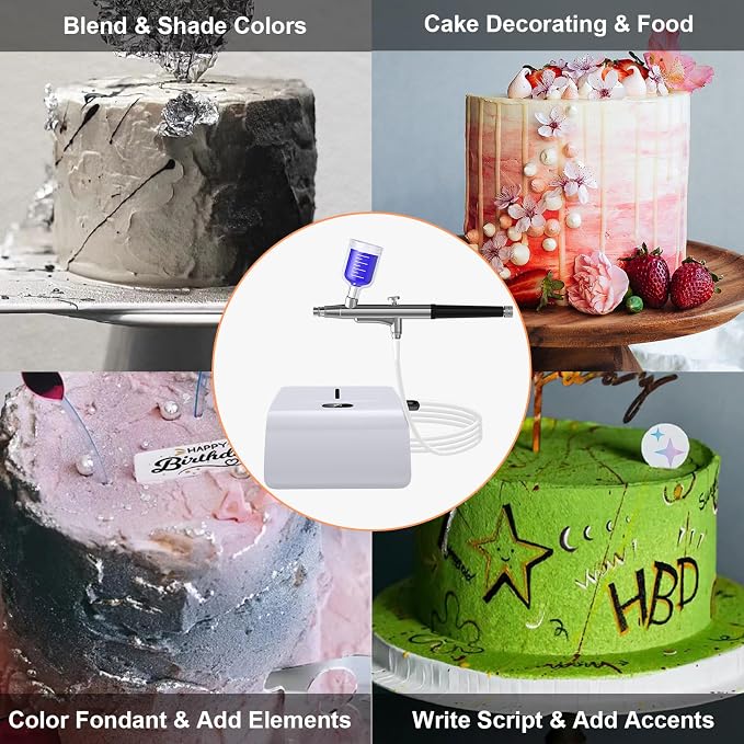 Cake Decorating Kit with Compressor, Cookie Airbrush with 12 Food Coloring Liquids and 4 Metallic, Food Airbrush Set for Dessert, Cupcakes Decorating