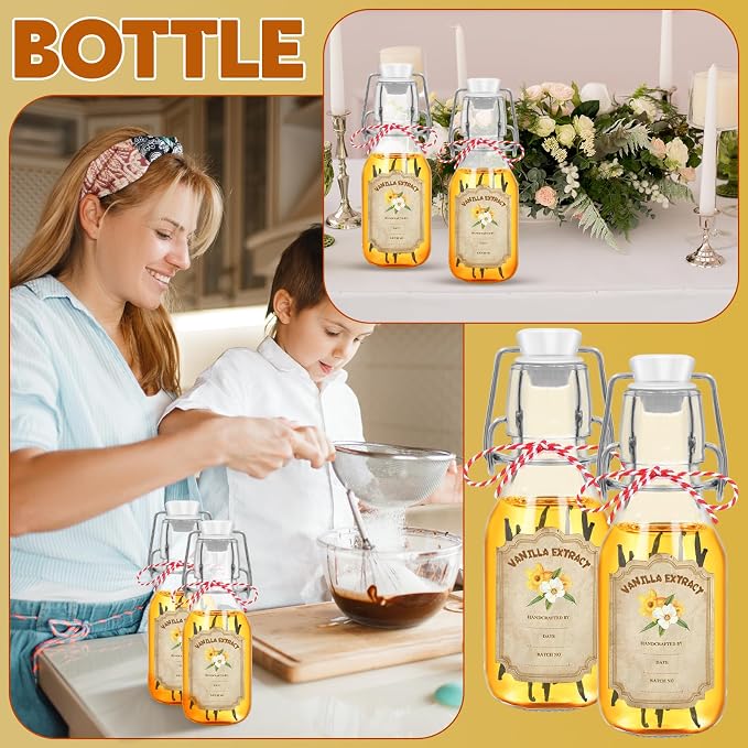 20 Pack Swing Top Glass Vanilla Extract Bottles 4 oz with Lids, Funnel and Vanilla Extract Labels, Boston Vanilla Bottles for Syrup Gift, Flip Top Glass Jars