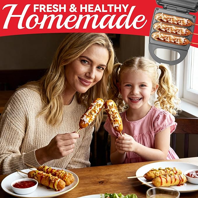 SugarWhisk Electric Corn Dog Maker, Fryer for 3 Mini Corn Dogs on Stick, Cheese Mozzarella Sticks & Treats, Corndog Maker Machine, Hot Dog Machine, Brush Included, Graphite