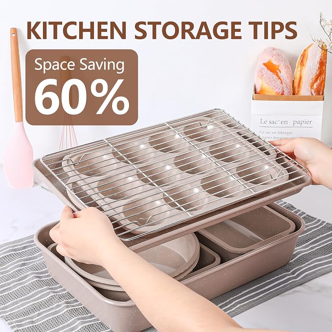 Vinino 8-Piece Baking Pans Set Nonstick, Bakeware Set includes Silicone Muffin, Loaf, Cake Pans with Metal Reinforced Frame, and Carbon Steel Roasting Pan, Cookie Sheet, Cooling rack for Oven