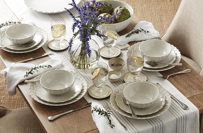Lenox Dinnerware Sets, French Perle Scallop White 18-Piece Dinnerware Set, Service For 6, Stoneware Material, Dishwasher Safe, Microwave Safe, Bowls, Plates And Bowls, Dinner Dishes (White, 18 Piece)