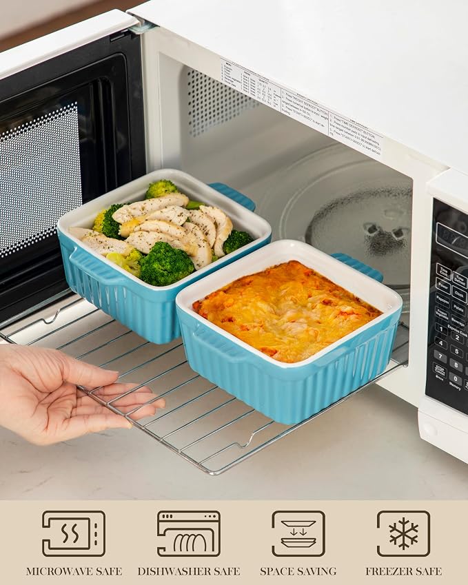 MALACASA Baking Dishes for Oven, Small Ceramic Baking Dishes with Silicone Lids for Individual Portions 5.5" x 5.5" Square Casserole Dishes Set of 2 Oven Microwave, and Air Fryer Safe, Blue