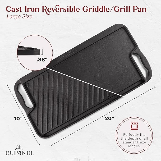 Cuisinel Cast Iron Griddle/Grill + Scraper/Cleaner - Reversible Pre-Seasoned 20" X 10"-inch Dual Handle Flat Skillet and Griller Pan + Cleaning Accessories - Indoor/Outdoor Stove Top Burner, Gas Safe