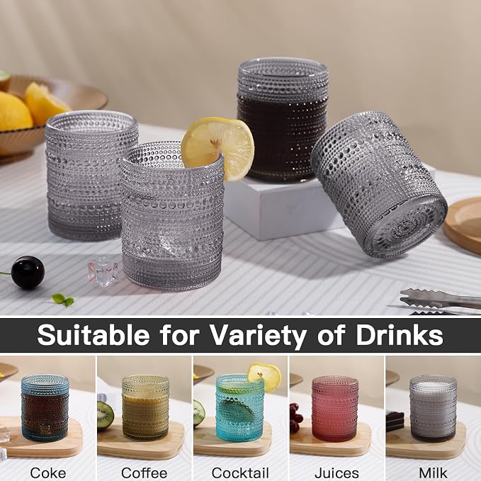 JOVGANK Grey Vintage Hobnail Drinking Glasses Set of 6, Embossed Water Tumbler 12oz, Kitchen & Bar Beaded Glass Cups, Beverage Glass Cups for Water, Beer, Juice, Gift for Housewarming Mother's Day